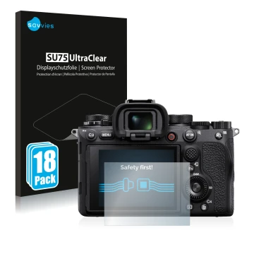 Parte frontal de un envase de producto con el logotipo de la marca Savvies. Al lado se muestra el dispositivo Sony Alpha 1 con