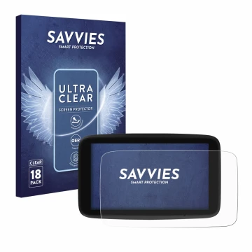 Parte frontal de un envase de producto con el logotipo de la marca Savvies. Al lado se muestra el dispositivo TomTom GO Discov