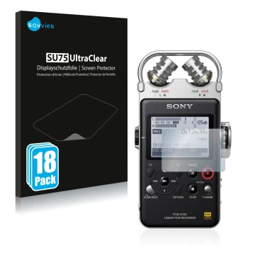 Parte frontal de un envase de producto con el logotipo de la marca Savvies. Al lado se muestra el dispositivo Sony PCM D100 co