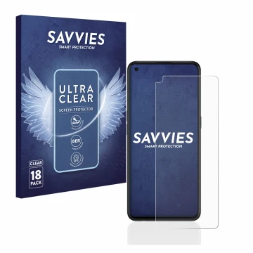 Parte frontal de un envase de producto con el logotipo de la marca Savvies. Al lado se muestra el dispositivo Oppo Find X3 Lit