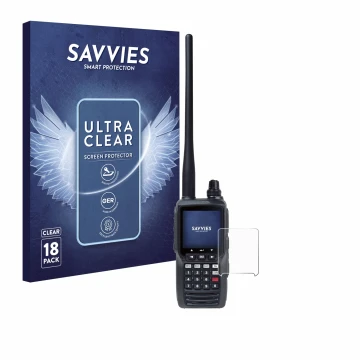 Parte frontal de un envase de producto con el logotipo de la marca Savvies. Al lado se muestra el dispositivo Yaesu FTA-550 co