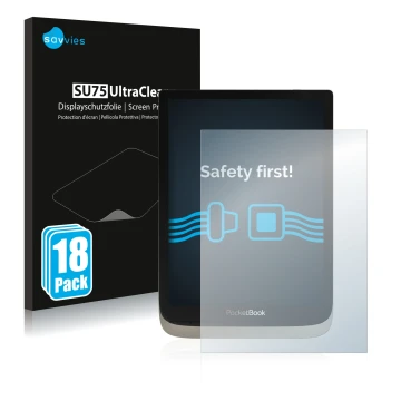 Parte frontal de un envase de producto con el logotipo de la marca Savvies. Al lado se muestra el dispositivo PocketBook InkPa