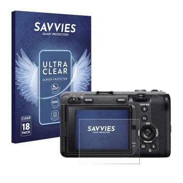 Parte frontal de un envase de producto con el logotipo de la marca Savvies. Al lado se muestra el dispositivo Sony FX3 con su 