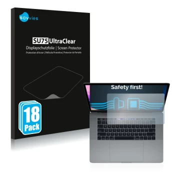 Parte frontal de un envase de producto con el logotipo de la marca Savvies. Al lado se muestra el dispositivo Apple MacBook Pr