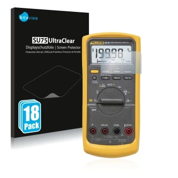 Parte frontal de un envase de producto con el logotipo de la marca Savvies. Al lado se muestra el dispositivo Fluke 87v con su