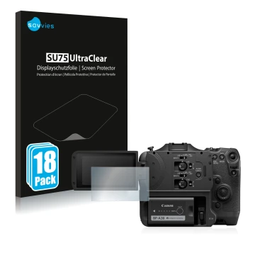 Parte frontal de un envase de producto con el logotipo de la marca Savvies. Al lado se muestra el dispositivo Canon EOS C70 co