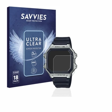 Parte frontal de un envase de producto con el logotipo de la marca Savvies. Al lado se muestra el dispositivo Casio AE-1200WH 