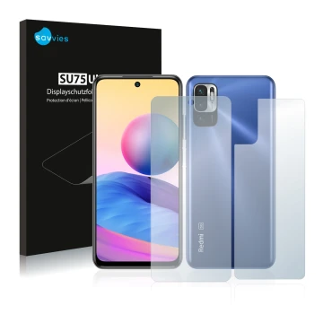 Parte frontal de un envase de producto con el logotipo de la marca Savvies. Al lado se muestra el dispositivo Xiaomi Redmi Not