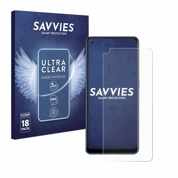 Parte frontal de un envase de producto con el logotipo de la marca Savvies. Al lado se muestra el dispositivo Oppo A74 5G con 