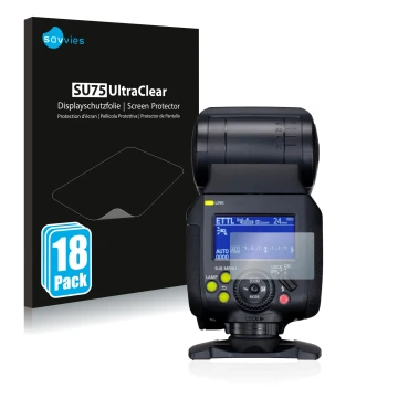 Parte frontal de un envase de producto con el logotipo de la marca Savvies. Al lado se muestra el dispositivo Canon Speedlite 