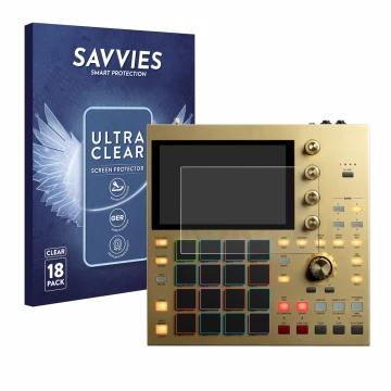 Parte frontal de un envase de producto con el logotipo de la marca Savvies. Al lado se muestra el dispositivo Akai MPC One con