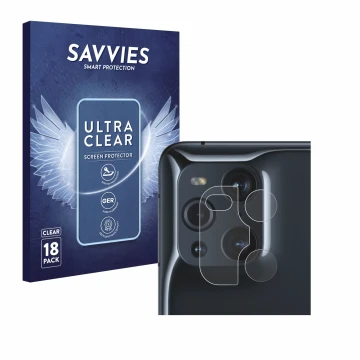 Parte frontal de un envase de producto con el logotipo de la marca Savvies. Al lado se muestra el dispositivo Oppo Find X3 Pro