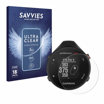Parte frontal de un envase de producto con el logotipo de la marca Savvies. Al lado se muestra el dispositivo Garmin Approach 