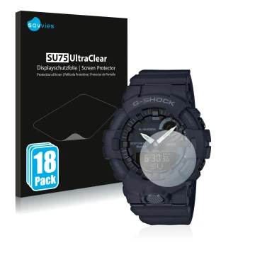Parte frontal de un envase de producto con el logotipo de la marca Savvies. Al lado se muestra el dispositivo Casio G-Shock GB