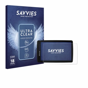 Parte frontal de un envase de producto con el logotipo de la marca Savvies. Al lado se muestra el dispositivo BMW Navigator VI