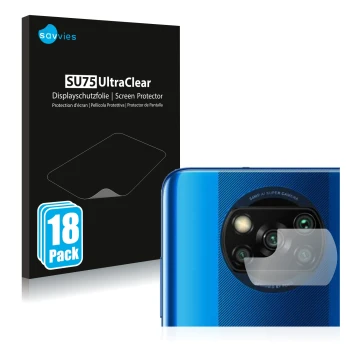 Parte frontal de un envase de producto con el logotipo de la marca Savvies. Al lado se muestra el dispositivo Xiaomi Poco X3 P