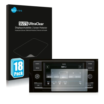 Parte frontal de un envase de producto con el logotipo de la marca Savvies. Al lado se muestra el dispositivo Volkswagen T6.1 