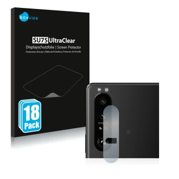 Parte frontal de un envase de producto con el logotipo de la marca Savvies. Al lado se muestra el dispositivo Sony Xperia 1 II