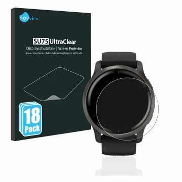 Parte frontal de un envase de producto con el logotipo de la marca Savvies. Al lado se muestra el dispositivo Garmin Venu 2 co