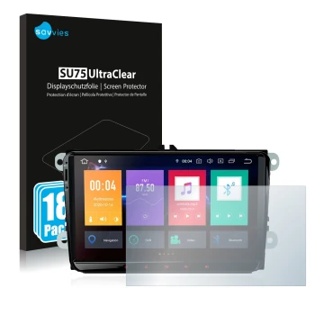 Parte frontal de un envase de producto con el logotipo de la marca Savvies. Al lado se muestra el dispositivo Xtrons PBE90MTVL