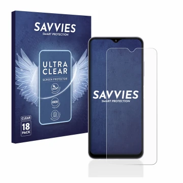 Parte frontal de un envase de producto con el logotipo de la marca Savvies. Al lado se muestra el dispositivo Samsung Galaxy A