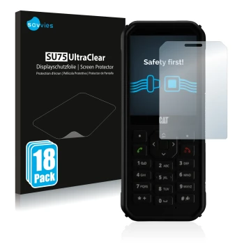 Parte frontal de un envase de producto con el logotipo de la marca Savvies. Al lado se muestra el dispositivo Caterpillar Cat 