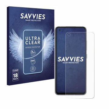 Parte frontal de un envase de producto con el logotipo de la marca Savvies. Al lado se muestra el dispositivo ASUS ZenFone 8 c