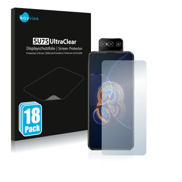 Parte frontal de un envase de producto con el logotipo de la marca Savvies. Al lado se muestra el dispositivo ASUS ZenFone 8 F