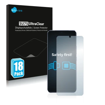 Parte frontal de un envase de producto con el logotipo de la marca Savvies. Al lado se muestra el dispositivo Vivo V21 5G con 