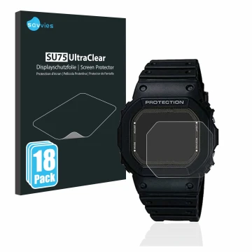 Parte frontal de un envase de producto con el logotipo de la marca Savvies. Al lado se muestra el dispositivo Casio G-Shock GW