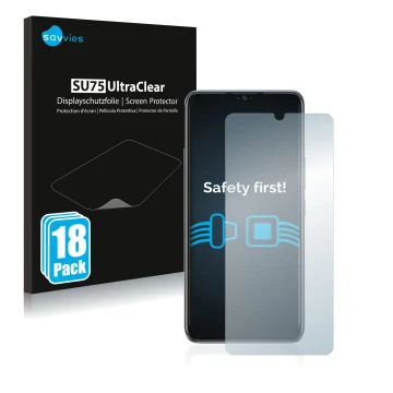 Parte frontal de un envase de producto con el logotipo de la marca Savvies. Al lado se muestra el dispositivo Vivo Y70 con su 