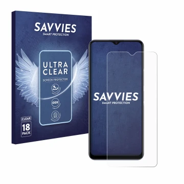 Parte frontal de un envase de producto con el logotipo de la marca Savvies. Al lado se muestra el dispositivo Vivo Y72 5G con 