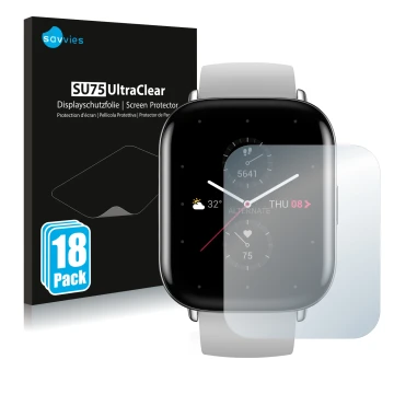 Parte frontal de un envase de producto con el logotipo de la marca Savvies. Al lado se muestra el dispositivo Huami Amazfit Ze