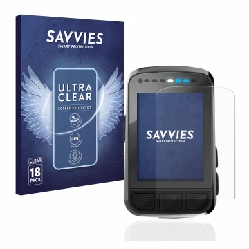 Parte frontal de un envase de producto con el logotipo de la marca Savvies. Al lado se muestra el dispositivo Wahoo Elemnt Bol