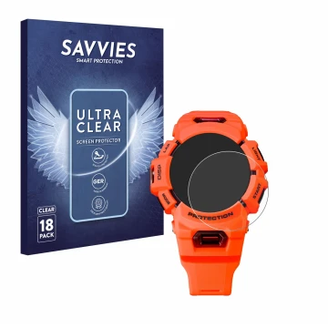 Parte frontal de un envase de producto con el logotipo de la marca Savvies. Al lado se muestra el dispositivo Casio G-Shock GB