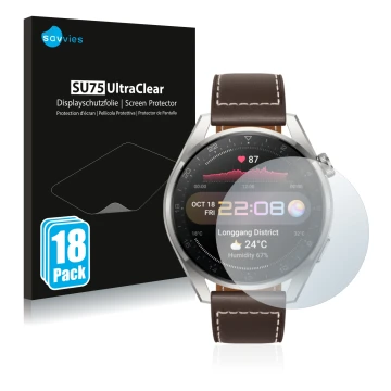 Parte frontal de un envase de producto con el logotipo de la marca Savvies. Al lado se muestra el dispositivo Huawei Watch 3 P