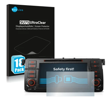 Parte frontal de un envase de producto con el logotipo de la marca Savvies. Al lado se muestra el dispositivo Xtrons PQ7046B c