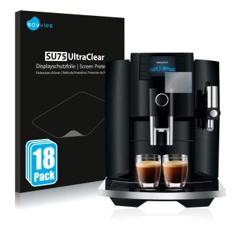 Parte frontal de un envase de producto con el logotipo de la marca Savvies. Al lado se muestra el dispositivo Jura E8 (EB) con