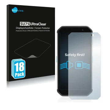 Parte frontal de un envase de producto con el logotipo de la marca Savvies. Al lado se muestra el dispositivo Almex AiM TC601 