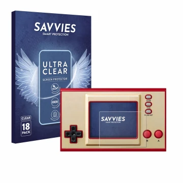 Parte frontal de un envase de producto con el logotipo de la marca Savvies. Al lado se muestra el dispositivo Nintendo Game & 
