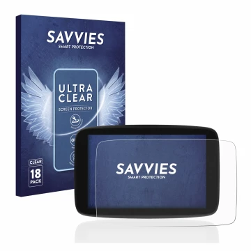 Parte frontal de un envase de producto con el logotipo de la marca Savvies. Al lado se muestra el dispositivo TomTom Go Expert
