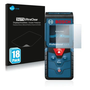 Parte frontal de un envase de producto con el logotipo de la marca Savvies. Al lado se muestra el dispositivo Bosch GLM 40 Pro