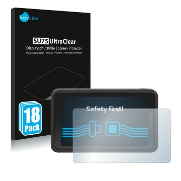 Parte frontal de un envase de producto con el logotipo de la marca Savvies. Al lado se muestra el dispositivo Desview R5 5.5