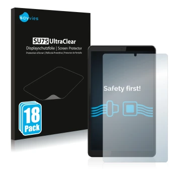 Parte frontal de un envase de producto con el logotipo de la marca Savvies. Al lado se muestra el dispositivo Lenovo Tab M8 (3