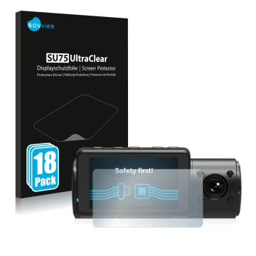 Parte frontal de un envase de producto con el logotipo de la marca Savvies. Al lado se muestra el dispositivo Vantrue N4 con s