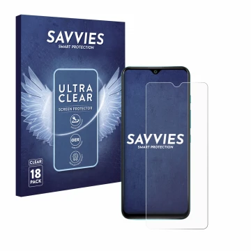 Parte frontal de un envase de producto con el logotipo de la marca Savvies. Al lado se muestra el dispositivo Wiko Power U30 c