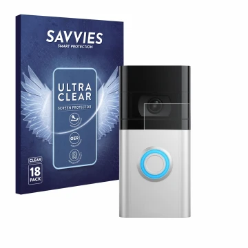 Parte frontal de un envase de producto con el logotipo de la marca Savvies. Al lado se muestra el dispositivo Ring Video Doorb