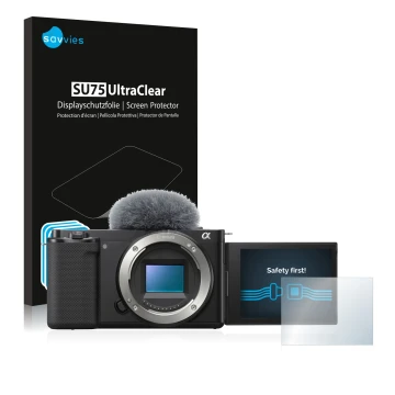 Parte frontal de un envase de producto con el logotipo de la marca Savvies. Al lado se muestra el dispositivo Sony Alpha ZV-E1