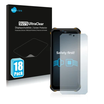 Parte frontal de un envase de producto con el logotipo de la marca Savvies. Al lado se muestra el dispositivo Oukitel WP15 5G 