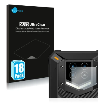 Parte frontal de un envase de producto con el logotipo de la marca Savvies. Al lado se muestra el dispositivo Oukitel WP15 5G 